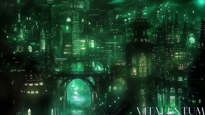 Eerie Futuristic Green Light City AI Image