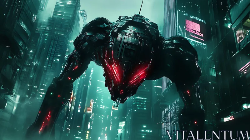 Giant Cyborg Amidst Neon-Lit City AI Image