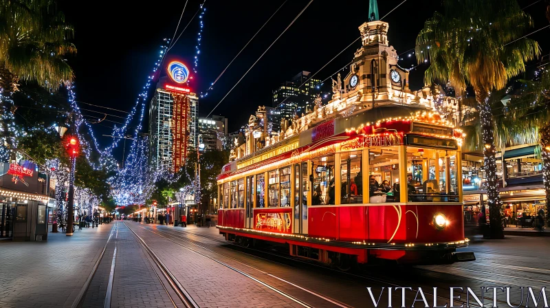 Nighttime City Scene with Decorated Tram and Lights AI Image