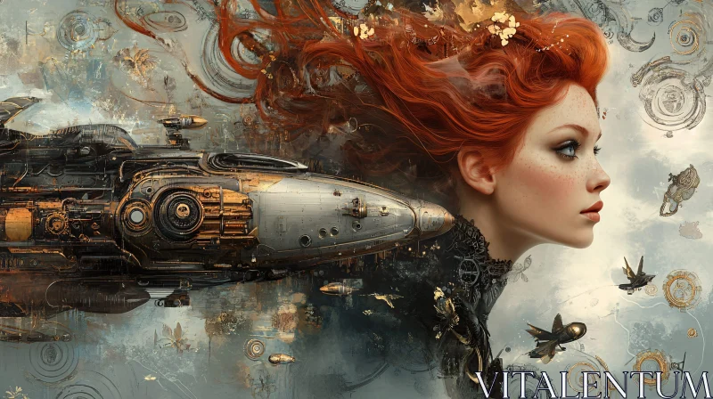 Fantasy Woman Merging with Steampunk Spaceship AI Image