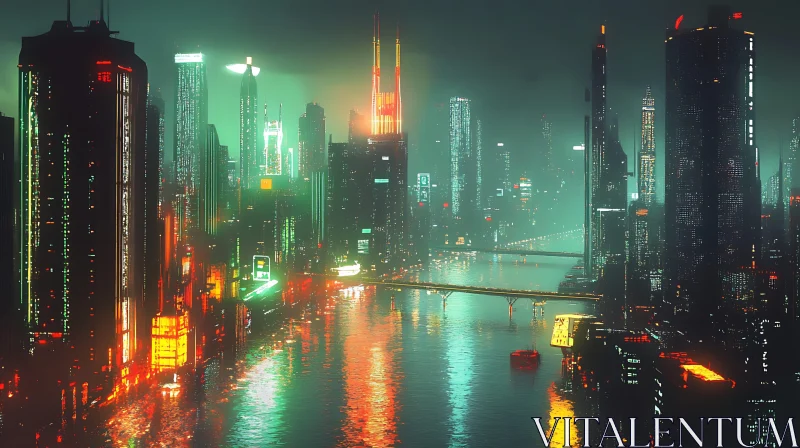 AI ART Nighttime Futuristic City with Neon Lights and River Reflection