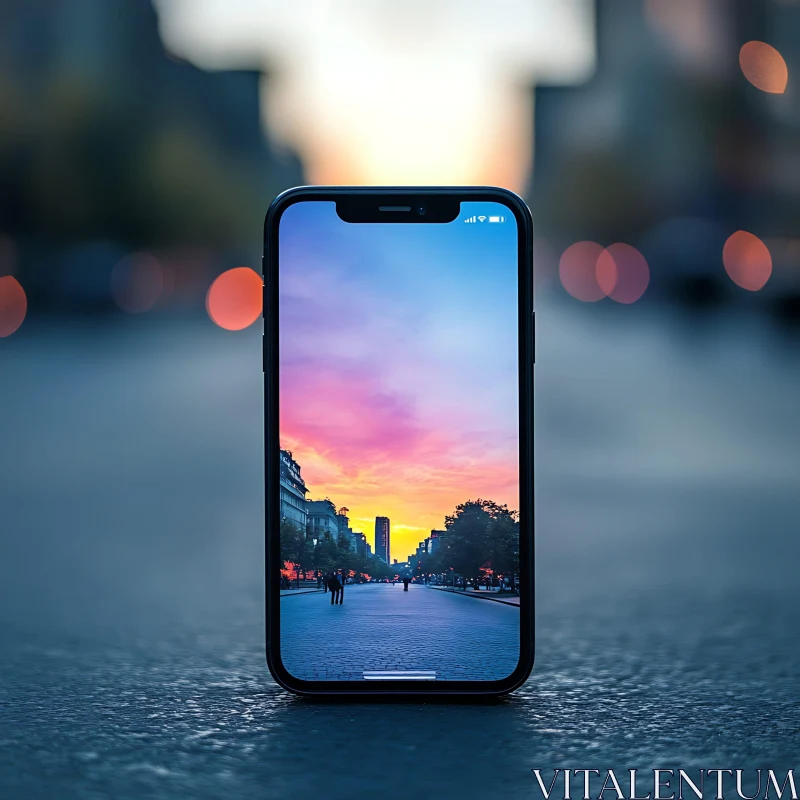 Phone Showing Street Sunset Scene with Bokeh Background AI Image