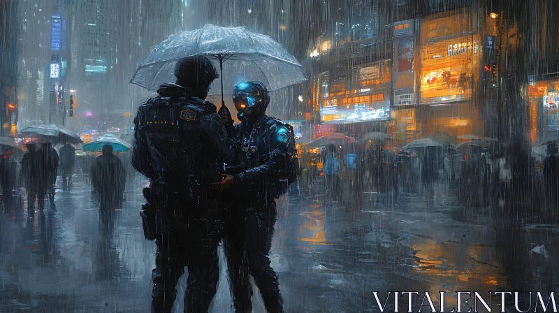 Cyberpunk City Night Scene with Futuristic Police AI Image