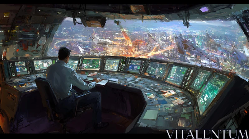 AI ART High-Tech Control Room with Urban Vista