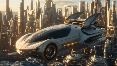 Futuristic Flying Vehicle Over High-Tech City