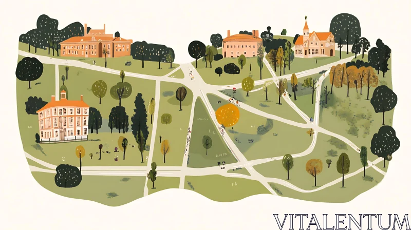 Park Landscape Illustration with Buildings and Trees