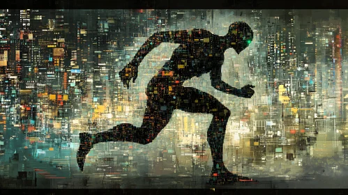 Pixelated Runner in a Cybernetic Cityscape