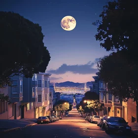 Urban Night Scene with Full Moon and Bridge