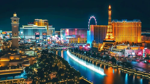 Luminous Nighttime Urban Scene: Iconic Buildings and Reflective Waterfront