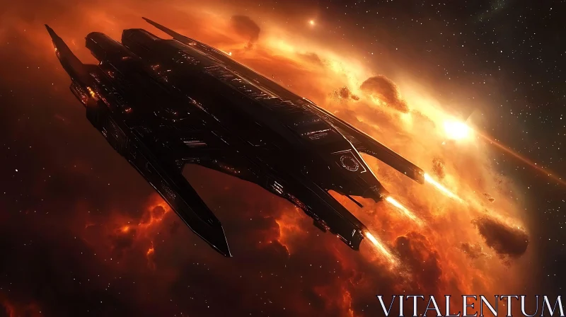 Spaceship Traveling Through Cosmic Nebula