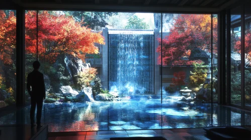 Tranquil Garden with Fall Foliage and Waterfall