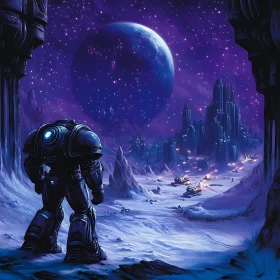Robot in Alien World Night Scene