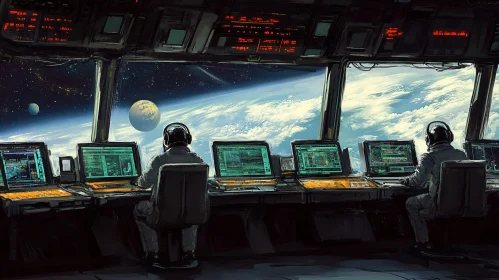 Space Station Control Room with Astronauts and Monitor Displays