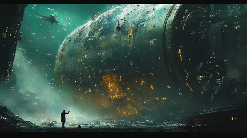 Alien Spaceship and Lone Figure in Dark Sci-Fi Setting