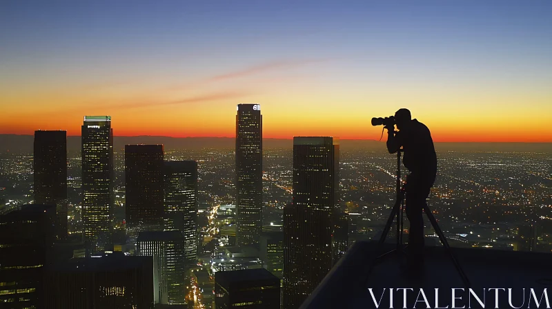 Silhouette of Photographer Overlooking City at Dusk