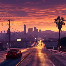 Sunset Cityscape with Road and Buildings