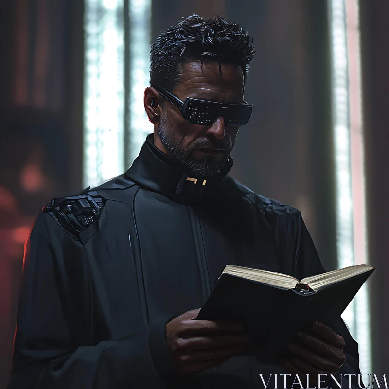 Cyberpunk Man Reading in Neon Lit Ambiance