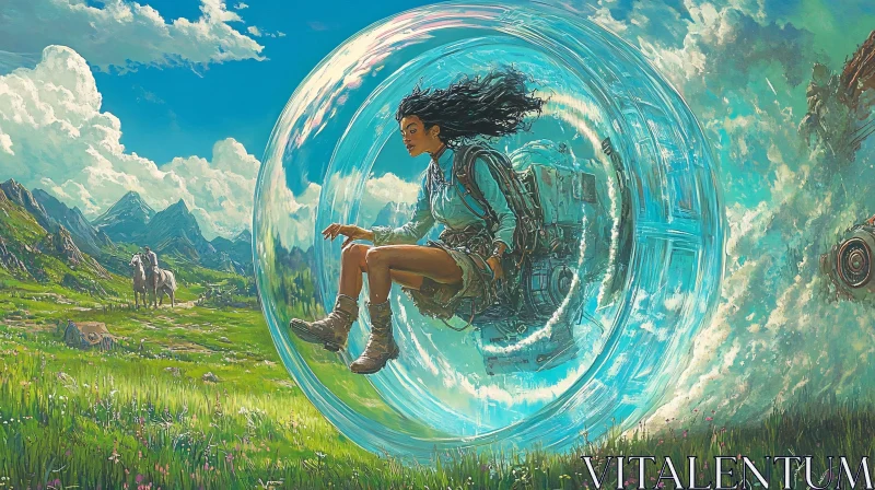 Woman Suspended in Transparent Sphere in Surreal Landscape