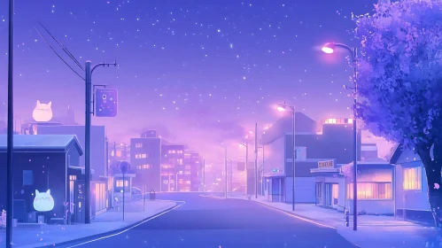 Idyllic Anime Night Street with Stars and Warm Lights