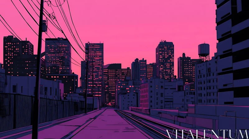 Urban Skyline with Illuminated Buildings and Pink Sky AI Image