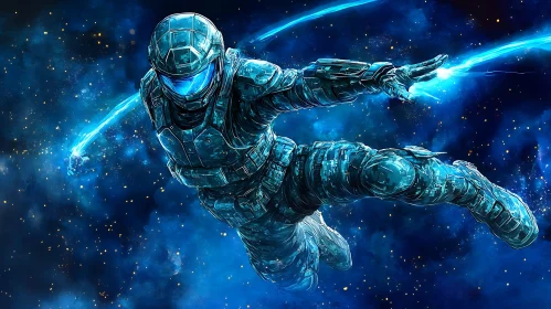 Astronaut in Advanced Armor with Blue Energy Amidst Stars