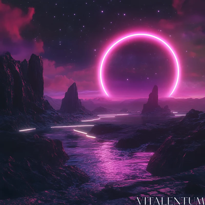 Mystical Night Scene with Glowing Pink Ring