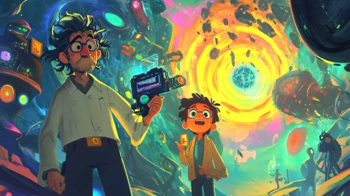 Animated Scientist and Boy with Inventions
