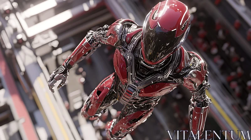 Futuristic Red and Silver Cyborg in Industrial Environment