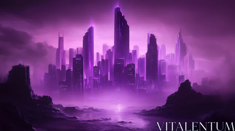 Cyberpunk Skyscraper City in Purple Mist AI Image