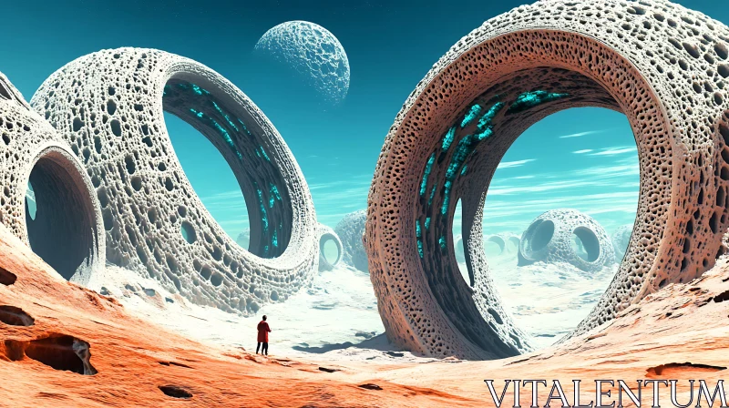 AI ART Alien Landscape with Monumental Rings and Turquoise Sky