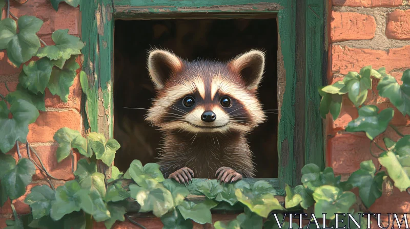 Charming Raccoon in a Rustic Setting AI Image