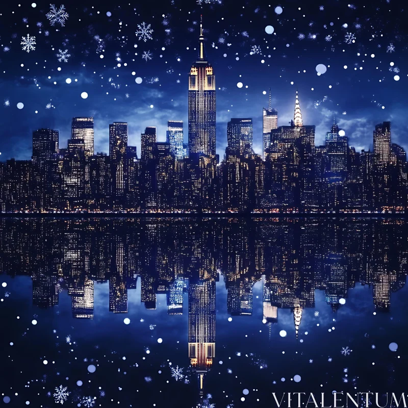 Winter Night Cityscape with Snowy Sky and Reflections AI Image