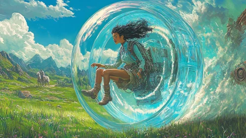 Woman Suspended in Transparent Sphere in Surreal Landscape