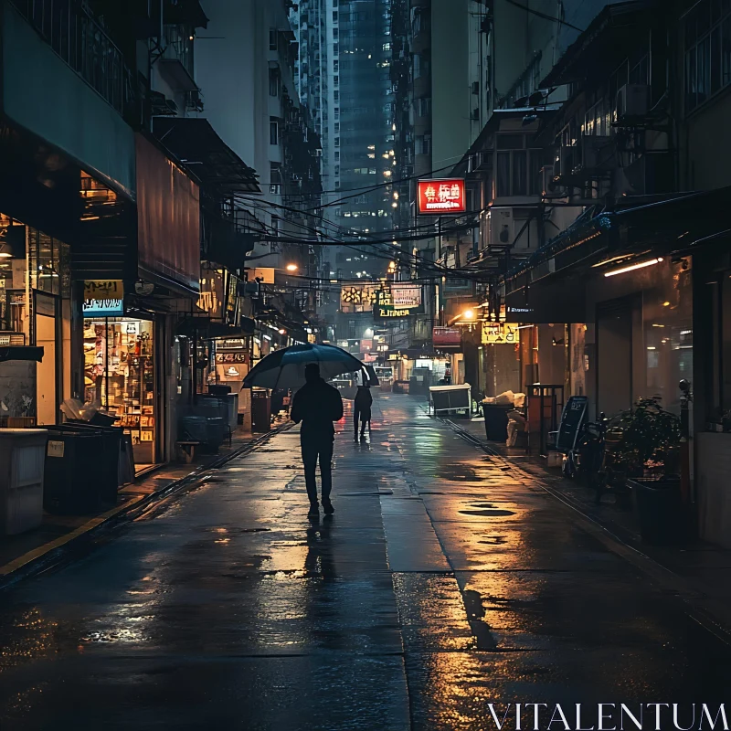 City Alley at Night with Reflections AI Image