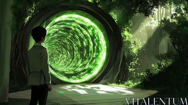 Person Standing in Front of Glowing Green Portal AI Image