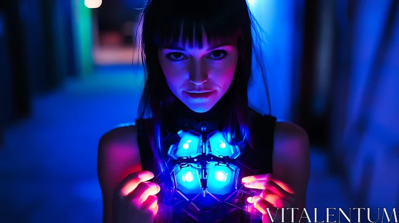 AI ART Tech-Savvy Woman in Neon Lit Futuristic Corridor