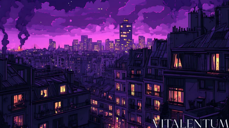 Nighttime City View with Purple Horizon and Illuminated Windows AI Image