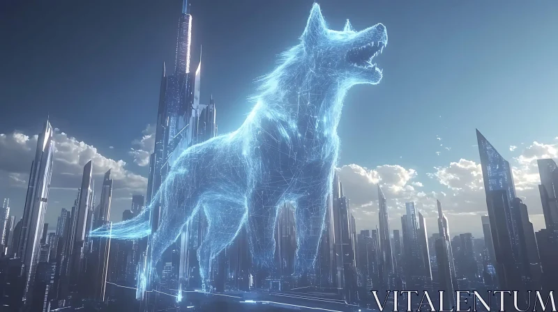 Giant Wolf Hologram in a Futuristic Urban Setting AI Image