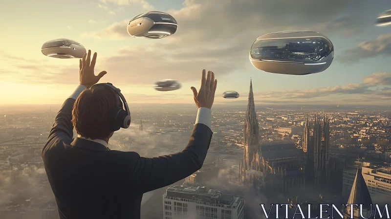 Man Interacting with Futuristic Flying Devices Over City AI Image