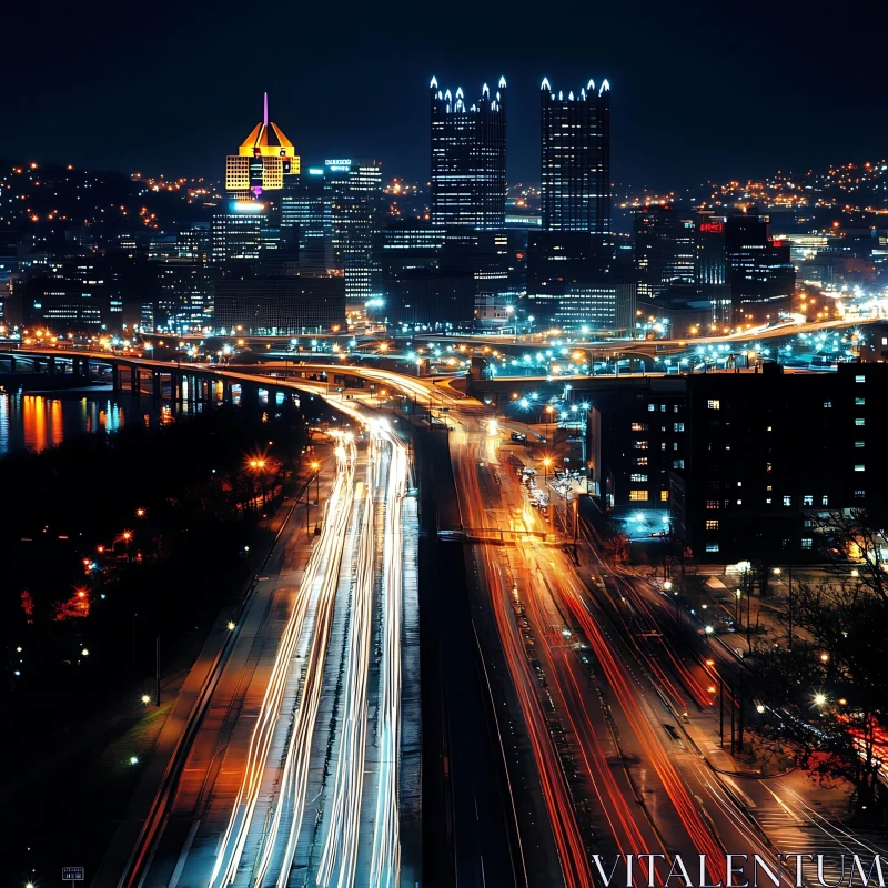 Night Urban Landscape with Glowing Buildings and Streets AI Image