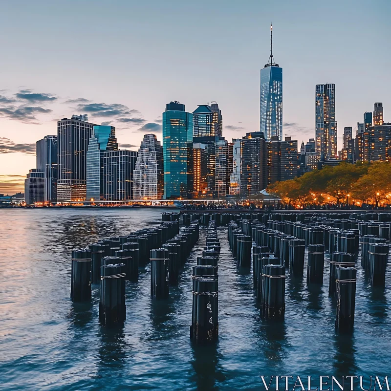 AI ART City Skyline at Twilight with Reflective Waters