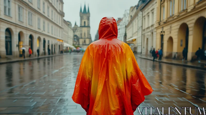 Vivid Raincoat Amidst Urban Rainfall AI Image