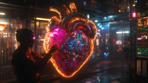 Futuristic Cyborg and Neon Heart Interaction