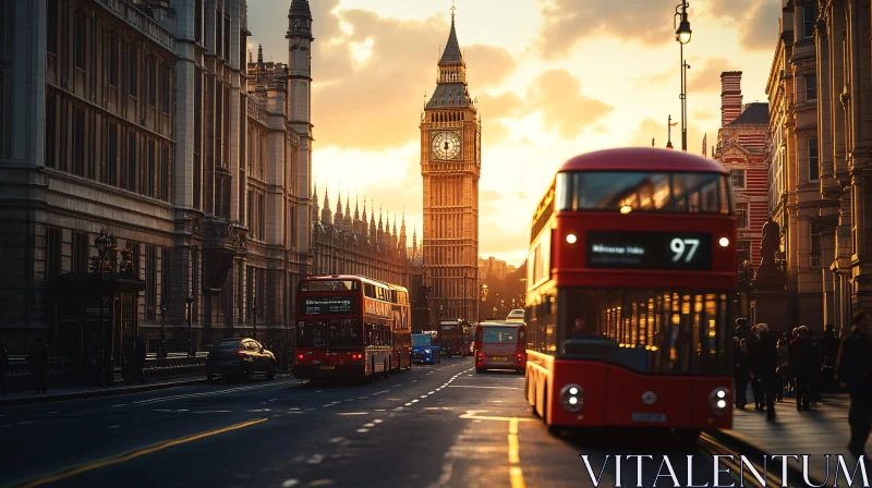 London Cityscape: Big Ben and Buses at Sunset AI Image