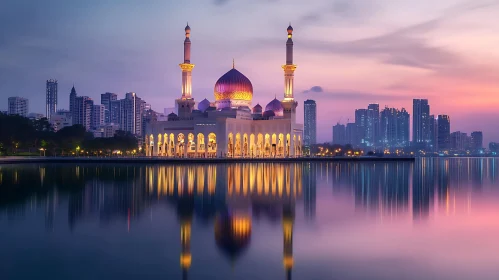 Illuminated Mosque and Skyline at Twilight