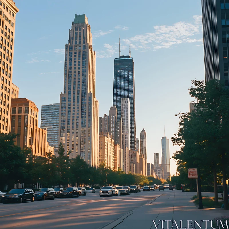 AI ART Sunlit Urban Skyscrapers and City Street