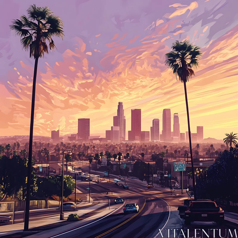 Urban Sunset Over Downtown Skyline AI Image