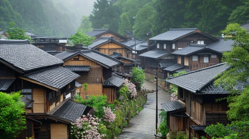 Quaint Japanese Village with Wooden Houses and Greenery