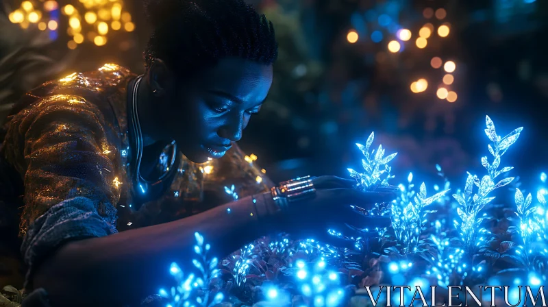 Ethereal Woman with Illuminated Blue Plants AI Image