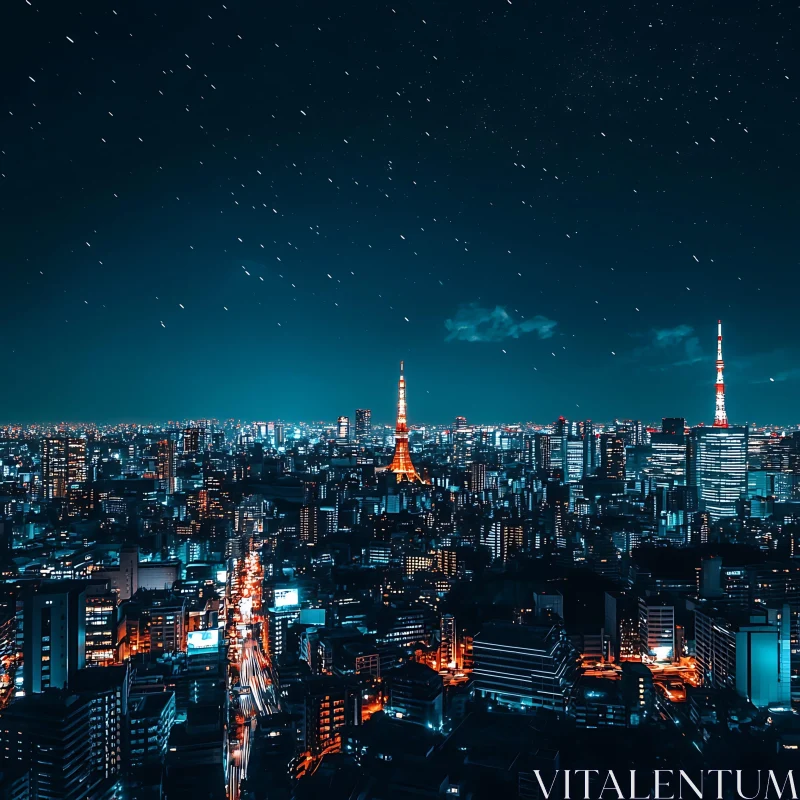 AI ART Urban Skyline at Night with Starry Sky